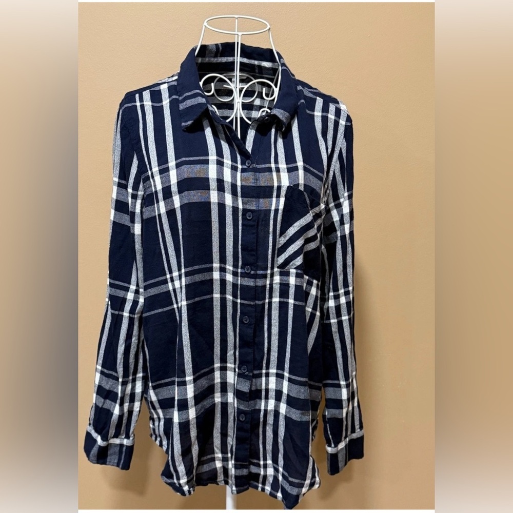 Lucky Brand Plaid Button Down Shirt Navy White Long Sleeve Chest Pocket